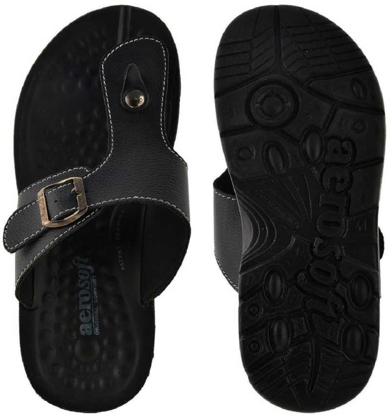 Aerosoft Men's Black Adjustable Buckle Thong Sandals (MA5116) - Comfortable Leather Flip Flops with Massage Sole and Arch Support!