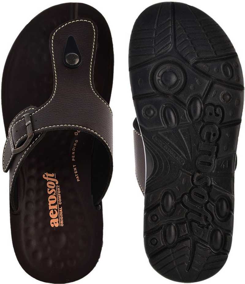 Aerosoft Men's Brown Adjustable Buckle Thong Sandals (MA5116) - Comfortable Leather Flip Flops with Massage Sole and Arch Support!